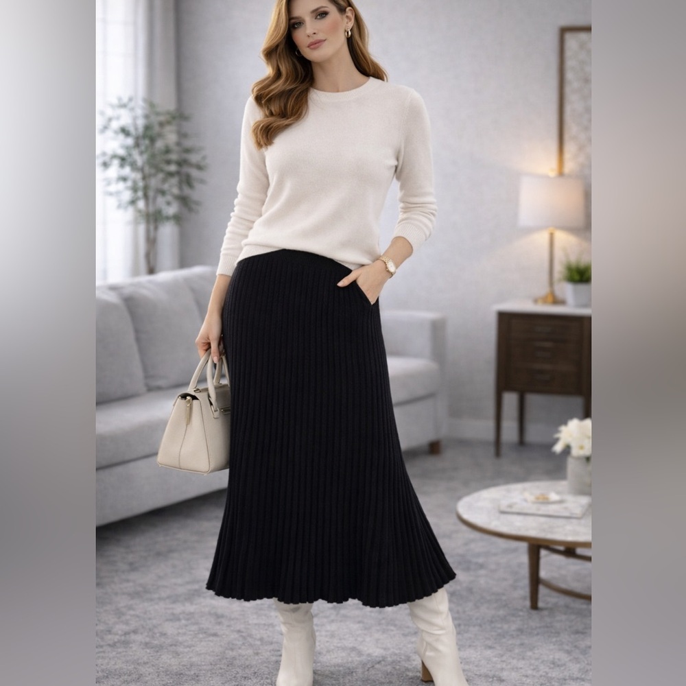 NWT C by Bloomingdales Cashmere Black Maxi Skirt Size L